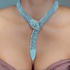 NEW CRYSTAL SNAKE SERPENT WHITE GOLD VINTAGE CHOKER NECKLACE